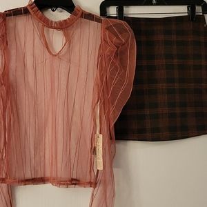 2 piece outfit with see-through top and plaid skir